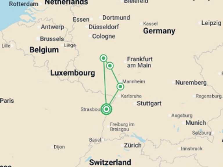 Map of France Tour with 3 destination visits for the trip: Christmas on the romantic Rhine, the enchantment of the Lorelei Rock (port-to-port cruise)