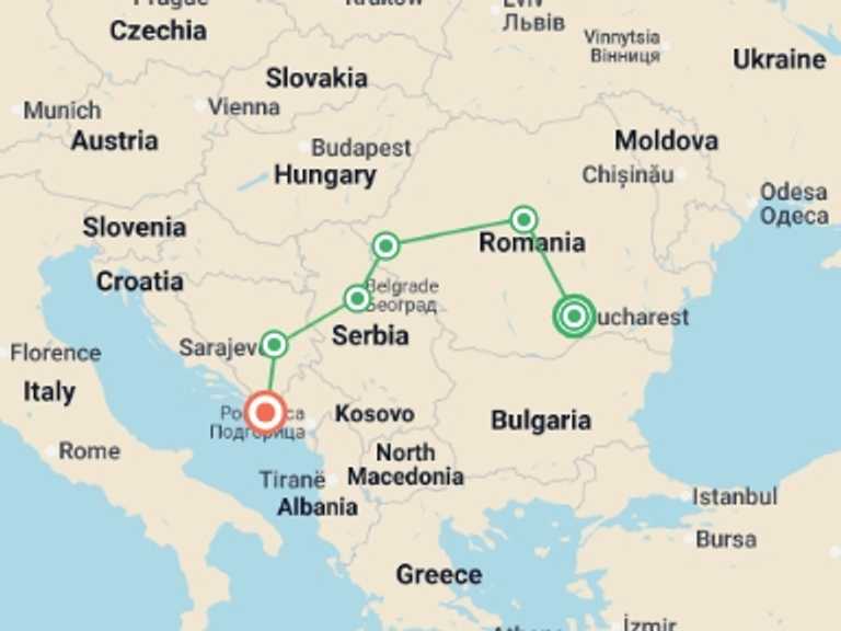 Map of Europe Tour with 6 destination visits for the trip: Transylvanian Castles to Adriatic Shores - 8 days