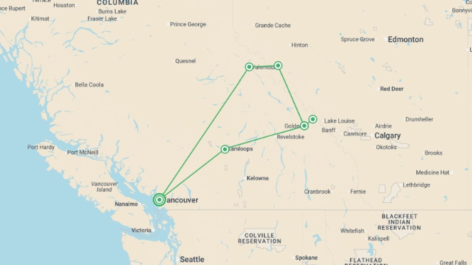 A map showing the tour itinerary for the trip: Canadian Rockies Summer Adventure - 4 days, starting in Vancouver, Canada and ending in Vancouver, Canada going through 2 other destinations.