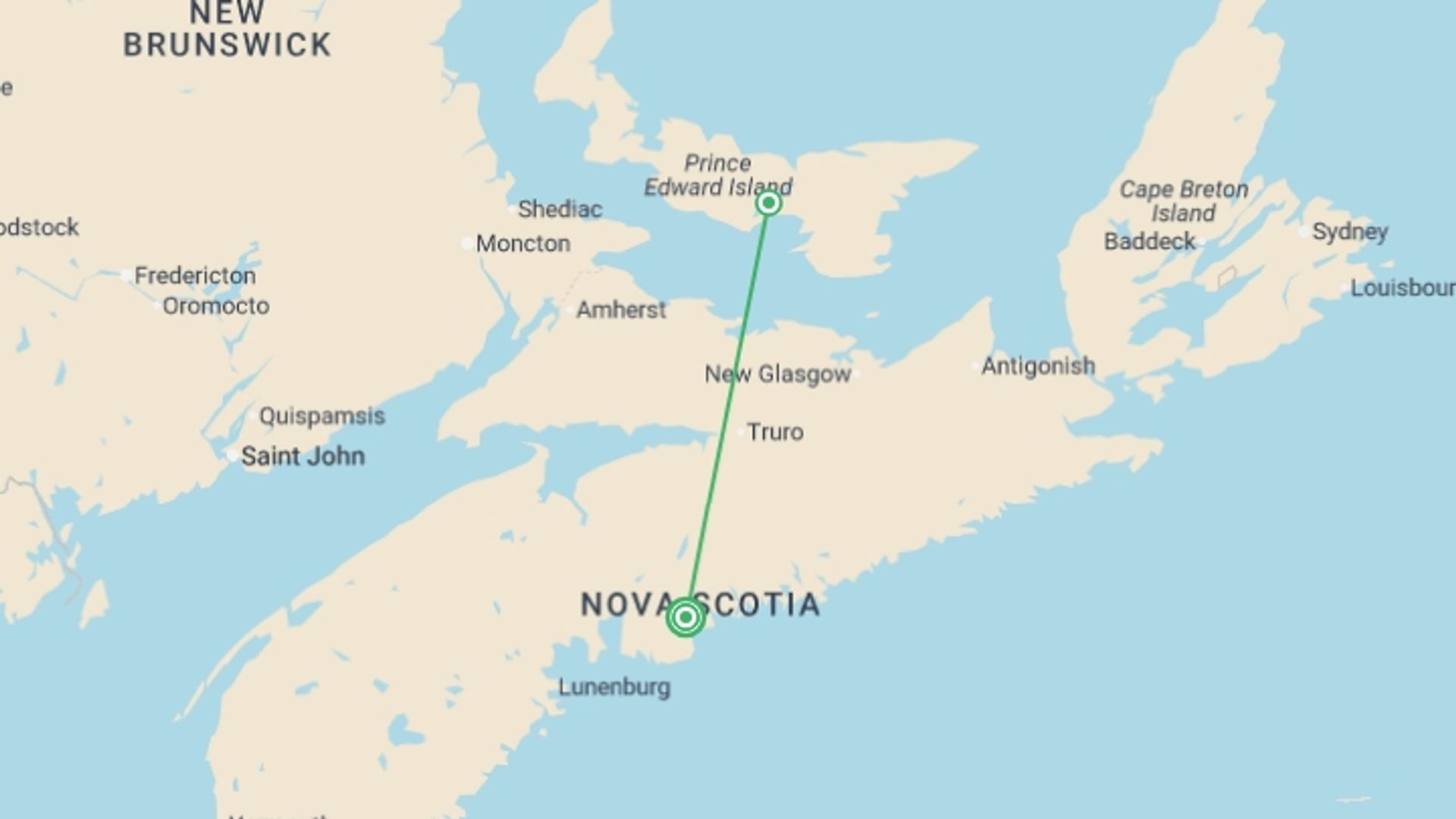 A map showing the tour itinerary for the trip: Prince Edward Island Discovery - 5 days, starting in Halifax, Canada and ending in Halifax, Canada going through 1 other destinations.