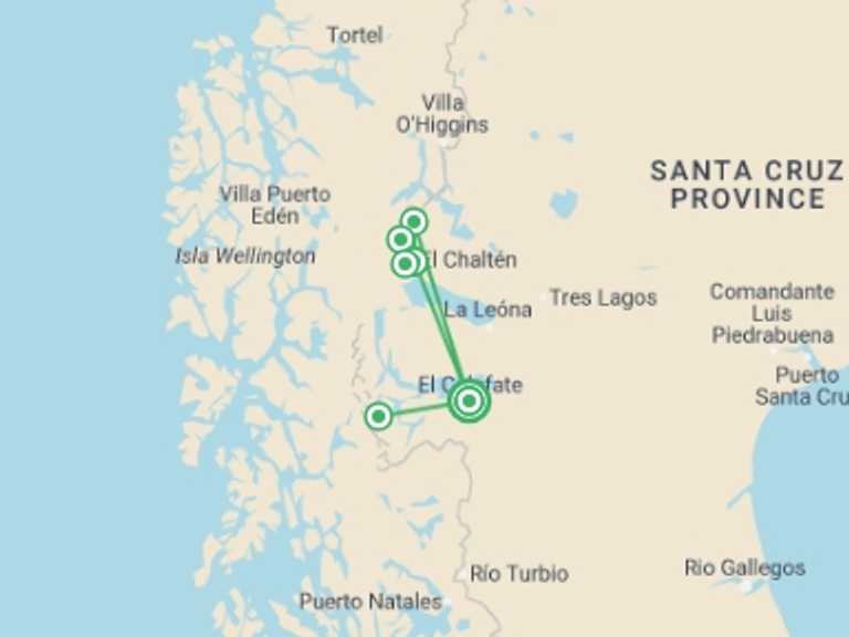 Map itinerary of Patagonia Tour in April 2026 with 2 destination visits for the trip: Patagonia off the beaten path: Los Huemules Reserve