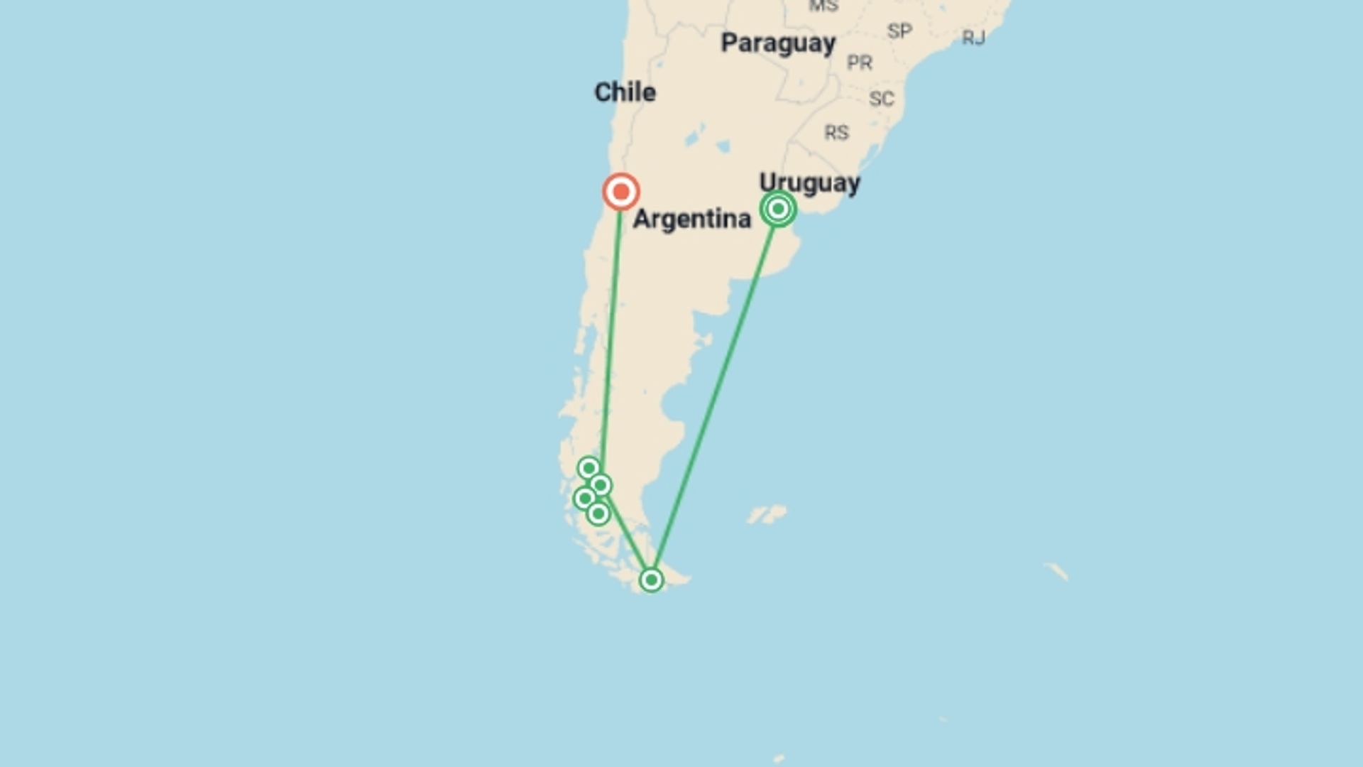 A map showing the tour itinerary for the trip: Wonders of Patagonia, starting in Buenos Aires, Argentina and ending in Santiago, Chile going through 5 other destinations.