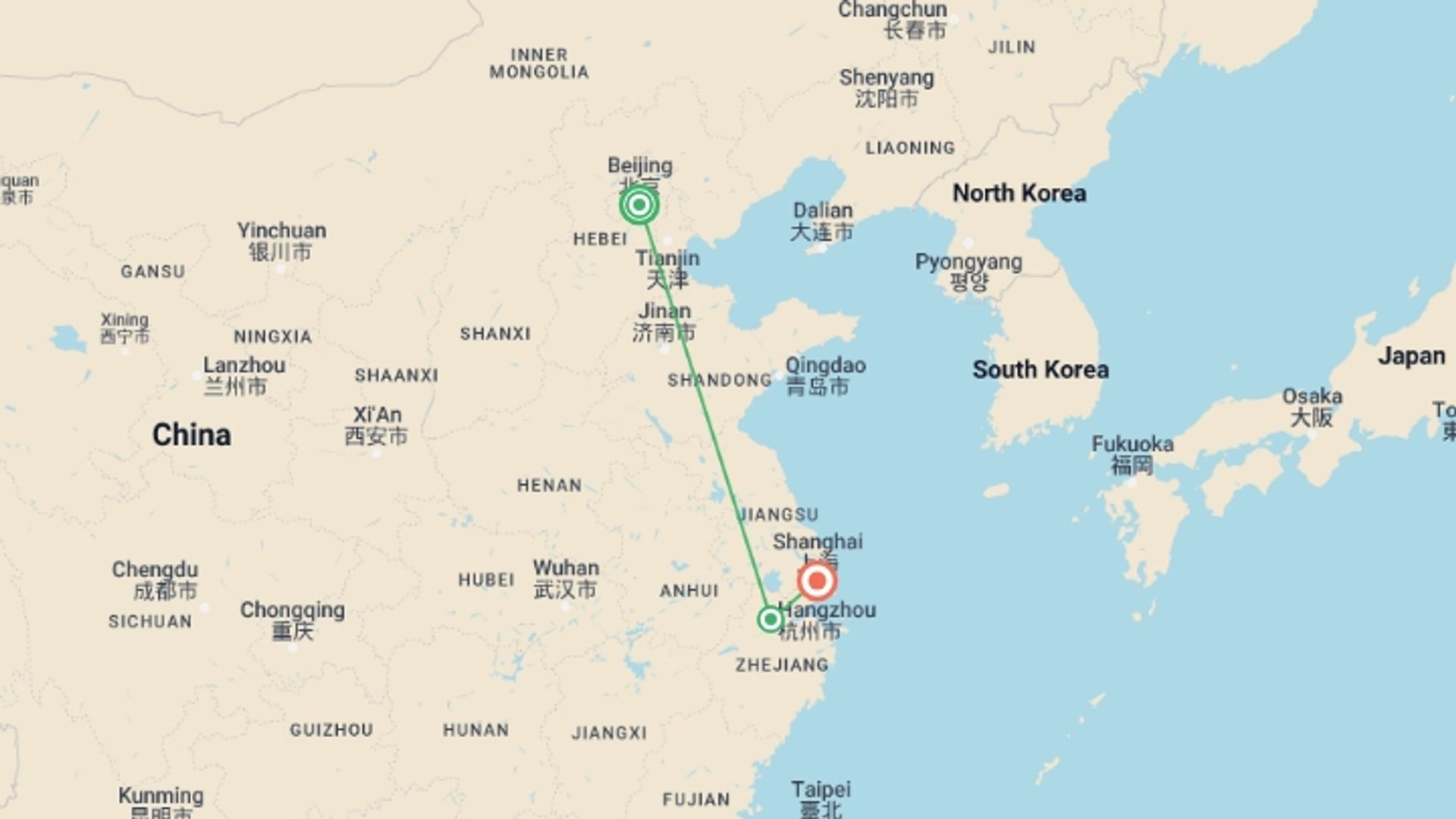 A map showing the tour itinerary for the trip: Beijing to Shanghai Express - 10 days, starting in Beijing, China and ending in Shanghai, China going through 1 other destinations.