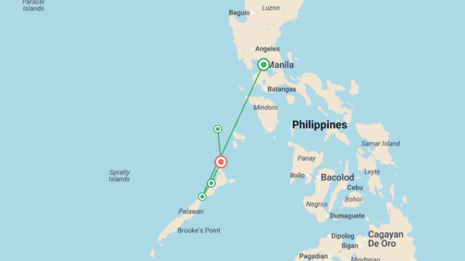 A map showing the tour itinerary for the trip: Philippines Island Hopping West, starting in Manila, Philippines and ending in El Nido, Philippines going through 3 other destinations.
