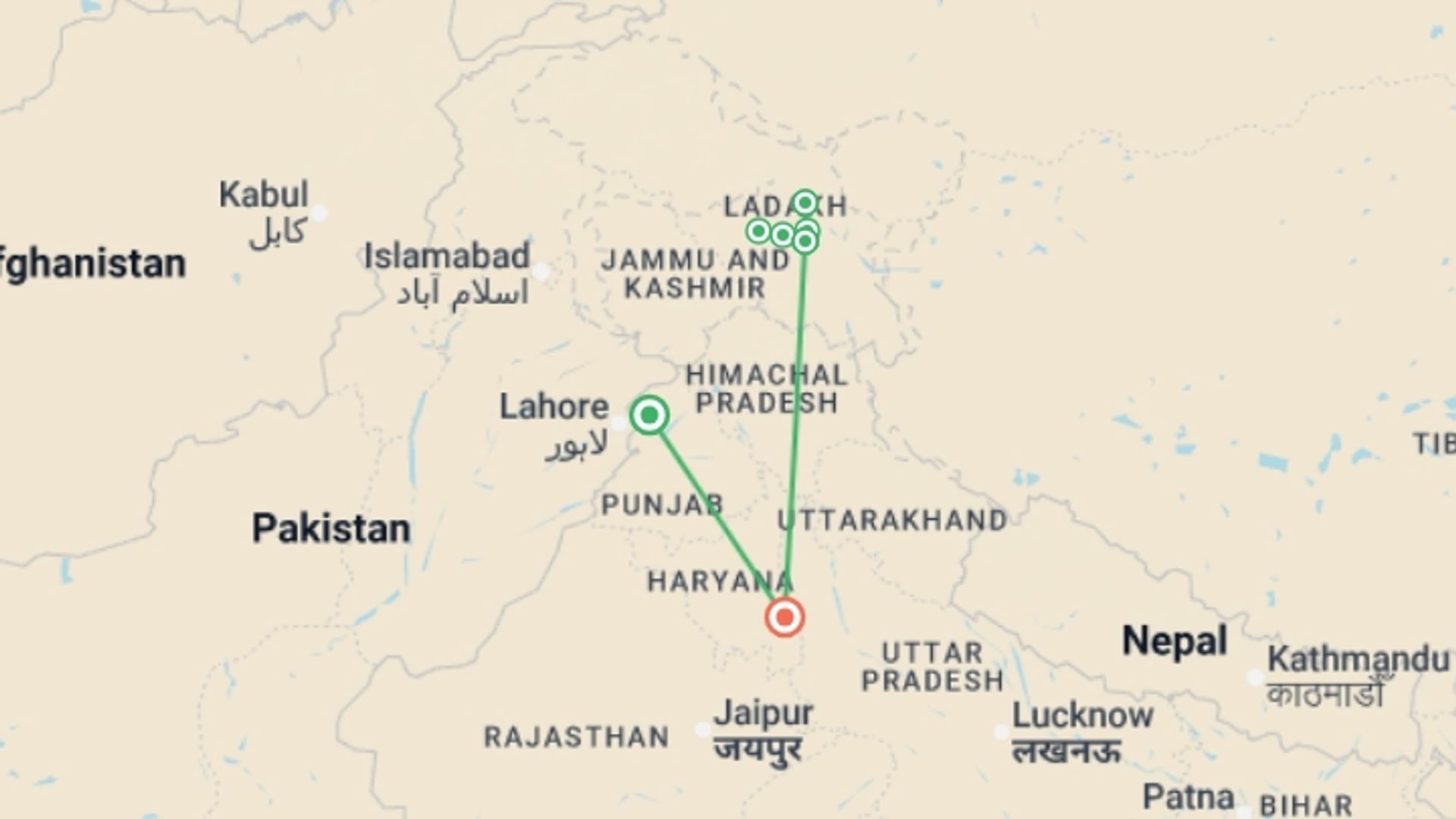 A map showing the tour itinerary for the trip: Discover India's Little Tibet and Nubra Valley, starting in Amritsar, India and ending in New Delhi, India going through 4 other destinations.