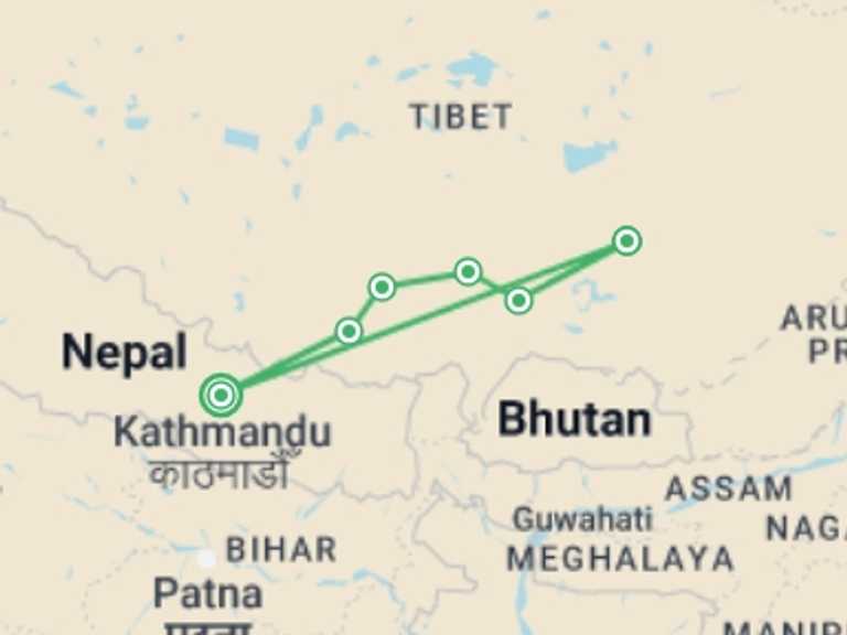 Map itinerary of China Tour in September 2026 with 6 destination visits for the trip: Shangri-La Tour of Tibet