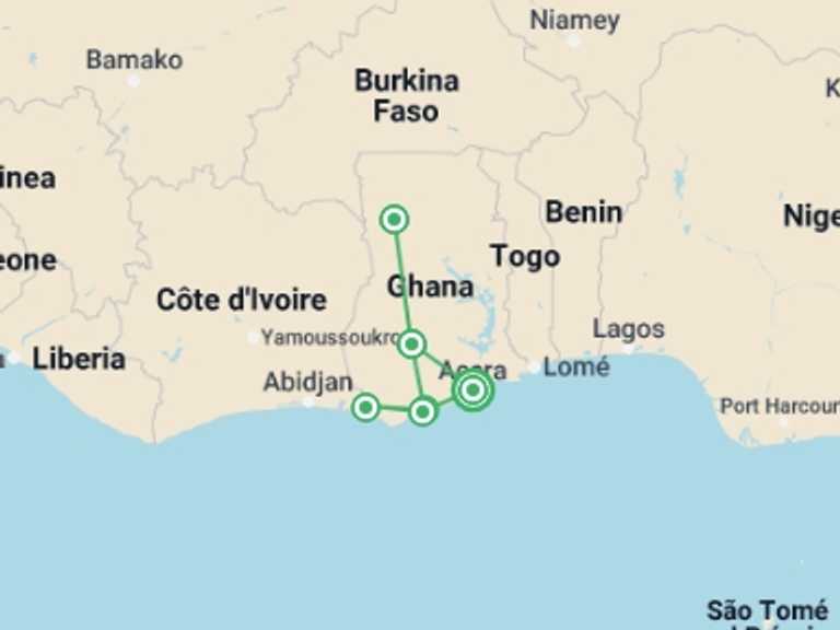 Map of a Wildlife Tour with 6 destination visits for the trip: Best of Ghana