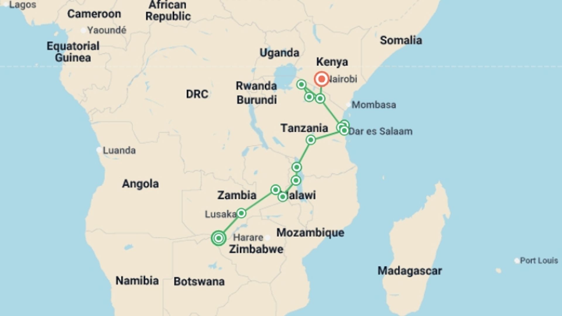 A map showing the tour itinerary for the trip: Zimbabwe to Kenya Overland Safari & Participation Camping, starting in Victoria Falls, Zimbabwe and ending in Nairobi, Kenya going through 13 other destinations.