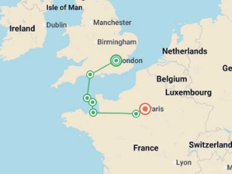 Map itinerary of Mediterranean Tour in July 2026 with 7 destination visits for the trip: London to Paris via the Channel Islands