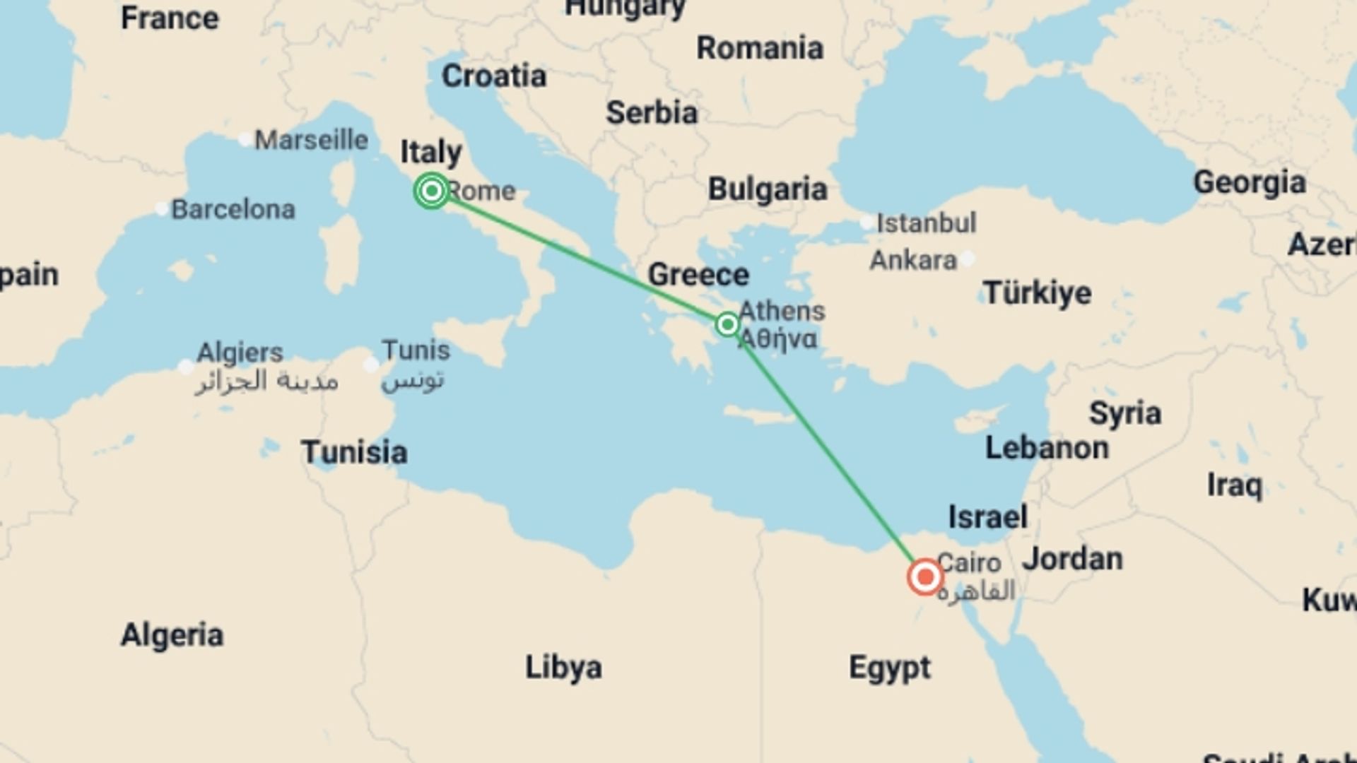 A map showing the tour itinerary for the trip: Ancient Wonders: Rome Athens Cairo Reunion 35 to 45, starting in Rome, Italy and ending in Cairo, Egypt going through 1 other destinations.