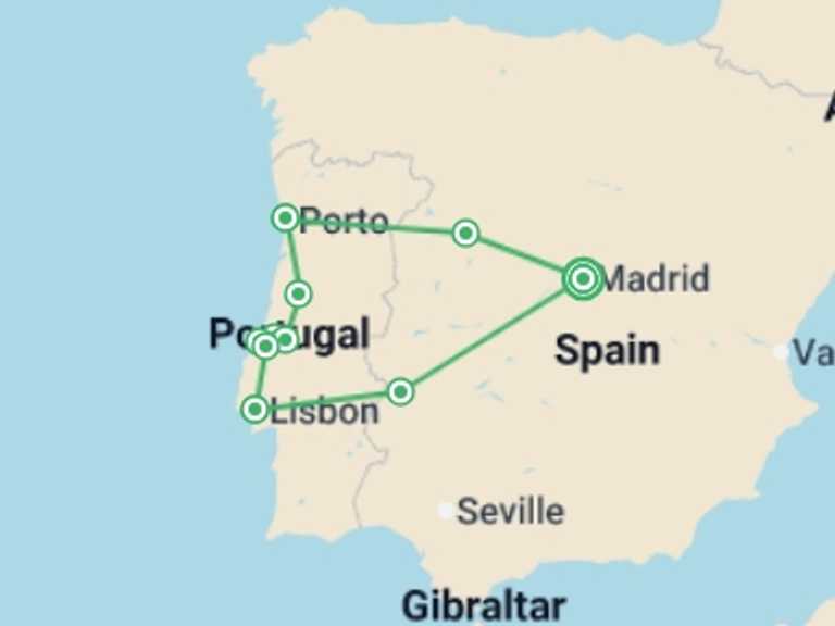 Map itinerary of Lisbon Tour in January 2027 with 4 destination visits for the trip: Portugal Explorer From Madrid Superior - 9 days