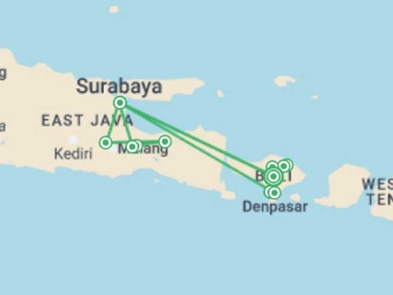 Map of Indonesia Tour with 8 destination visits for the trip: Nine Day Enduro: Bali & East Java 