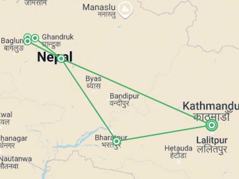 Map itinerary of Pokhara Tour in July 2027 with 7 destination visits for the trip: Nepal Highlight Adventure (Trek, Tour & Safari)