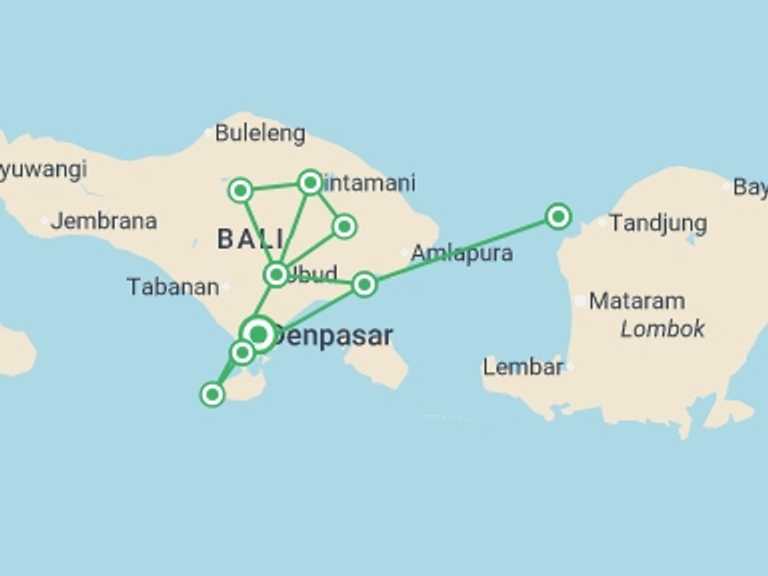 Map of 12-Day Indonesia Tour with 5 destination visits for the trip: Bali & Gili Highlight, Private Tour