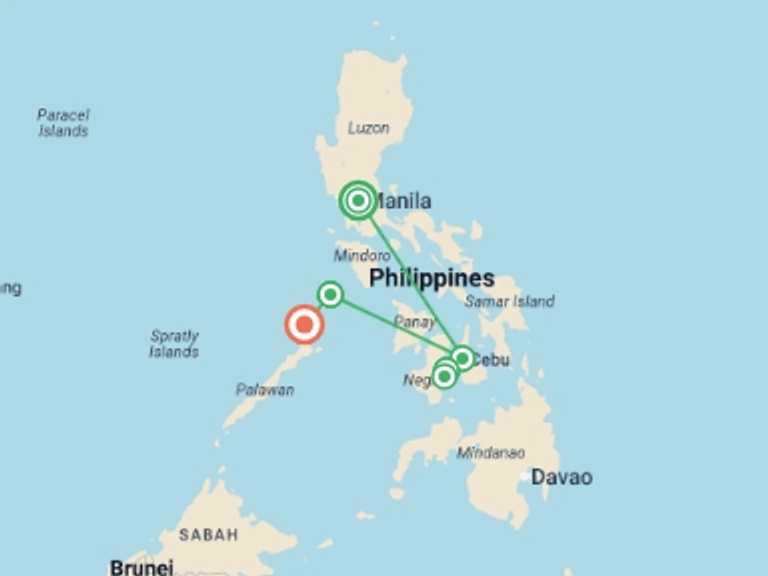 Map itinerary of Asia Tour in Winter with 4 destination visits for the trip: Philippine Islands Adventure - 13 days