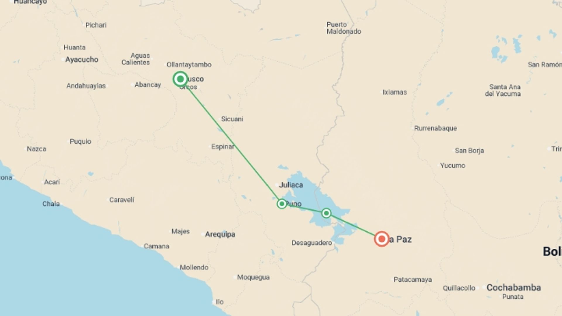 A map showing the tour itinerary for the trip: Lake Titicaca & isla del Sol Explorer 3D/2N (Cusco to La Paz), starting in Cusco, Peru and ending in La Paz, Bolivia going through 2 other destinations.
