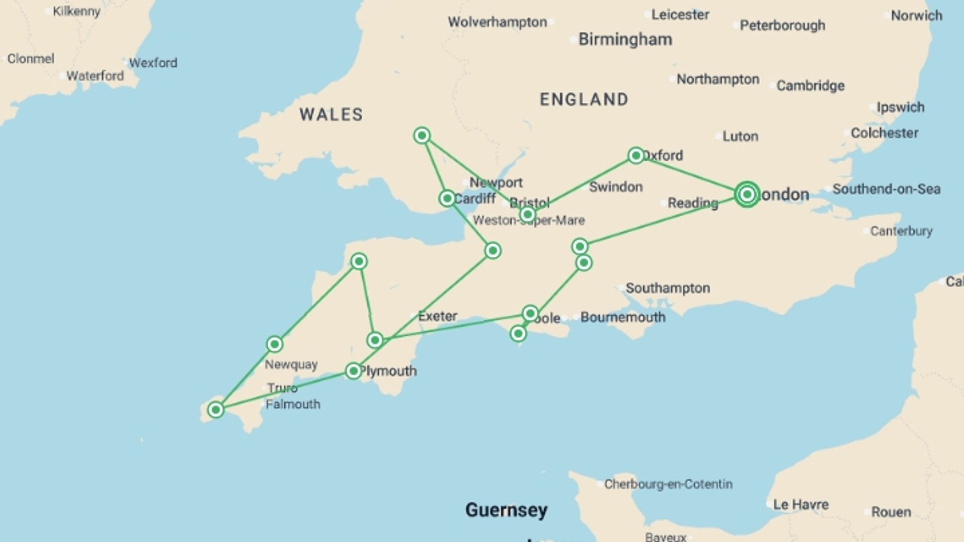 A map showing the tour itinerary for the trip: Country Roads of Wales, Devon & Cornwall, starting in London, England and ending in London, England going through 9 other destinations.
