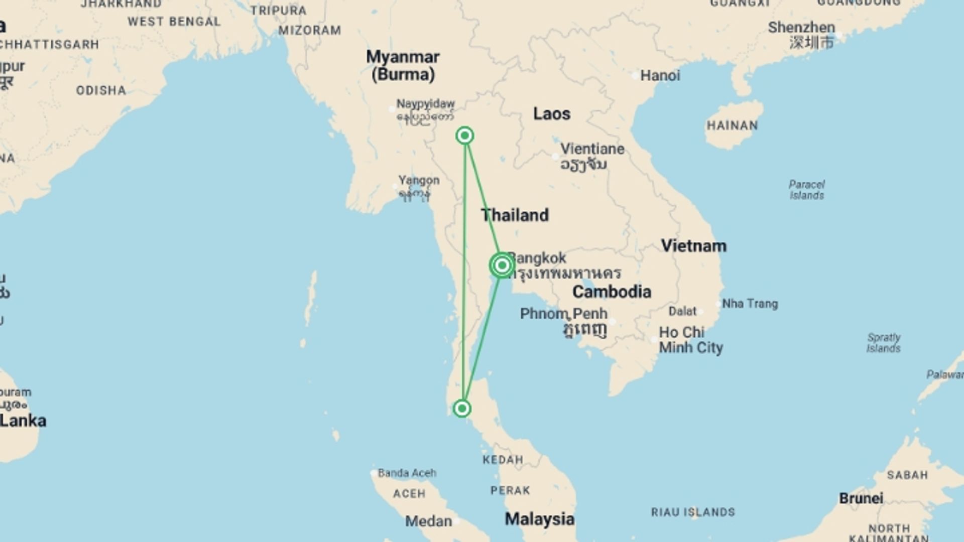 A map showing the tour itinerary for the trip: Elephant Sanctuary & Beaches Adventure 15D/14N, starting in Bangkok, Thailand and ending in Bangkok, Thailand going through 2 other destinations.