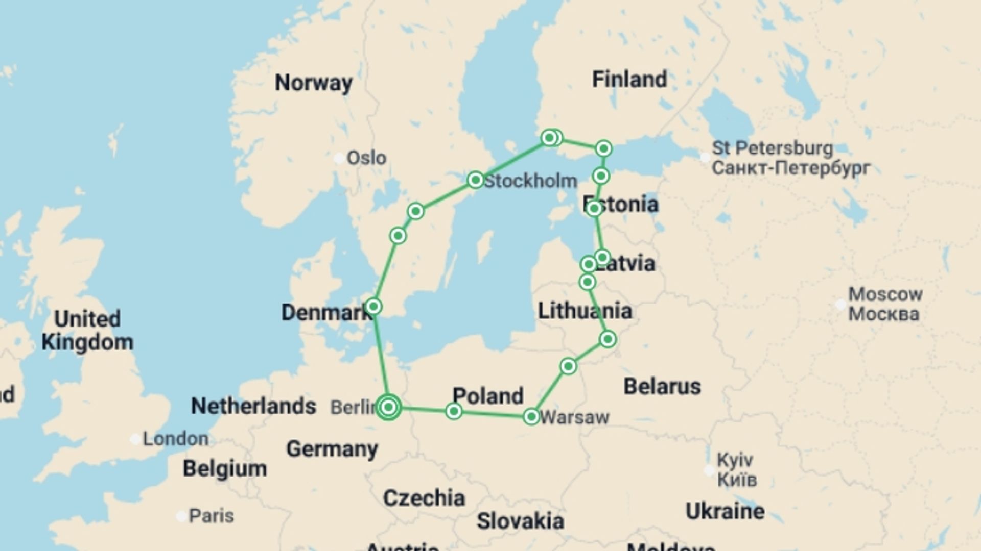 A map showing the tour itinerary for the trip: Northern Dream, starting in Berlin, Germany and ending in Berlin, Germany going through 9 other destinations.