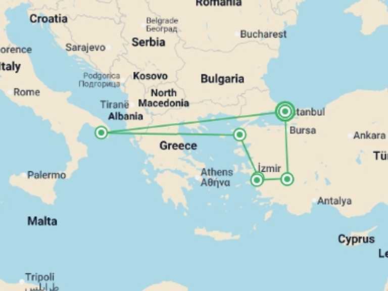 Map itinerary of Europe Tour in May 2026 with 5 destination visits for the trip: Private Aegean Delight Tour