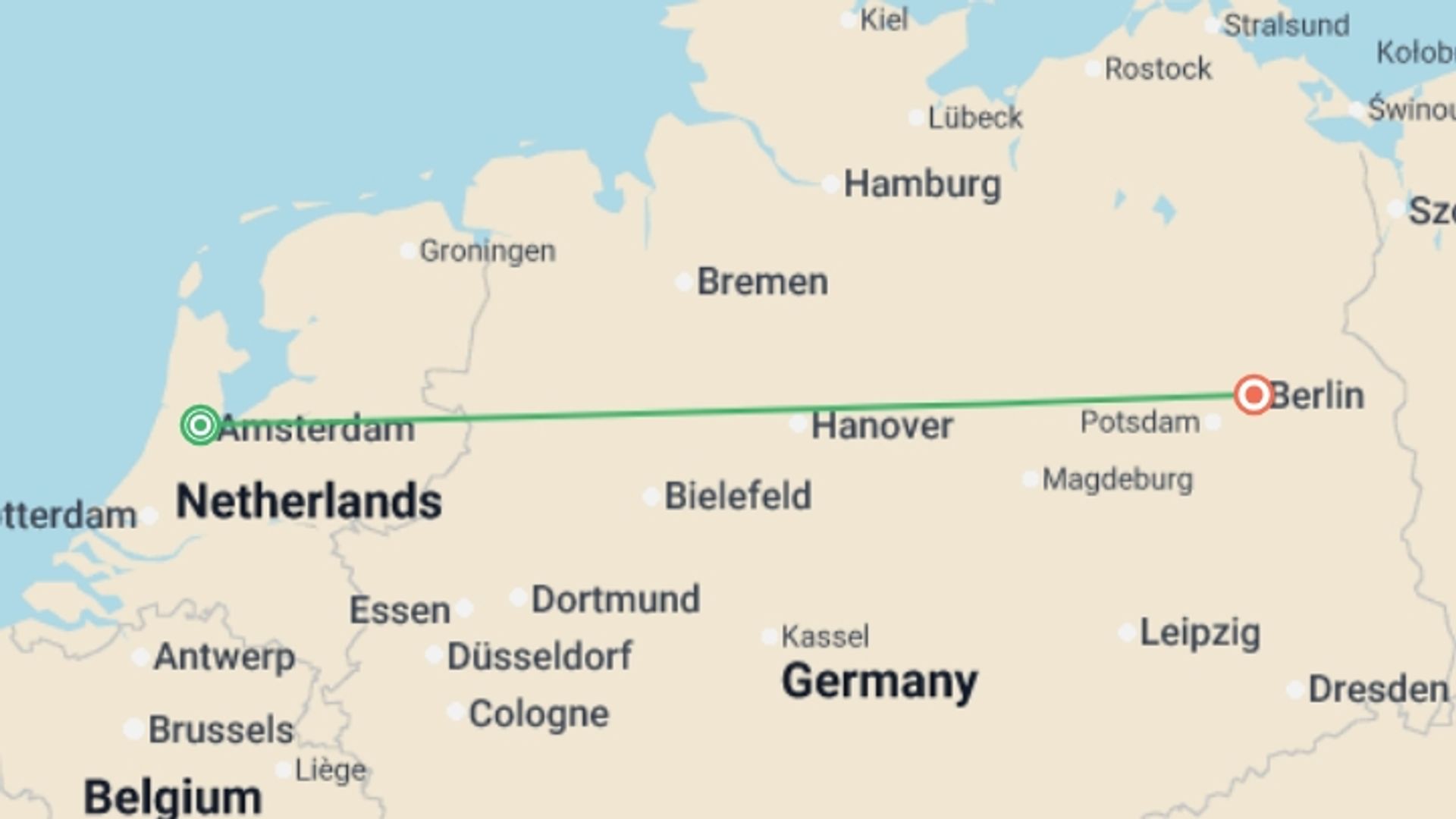 A map showing the tour itinerary for the trip: Amsterdam and Berlin, starting in Amsterdam, Holland and ending in Berlin, Germany going through 0 other destinations.