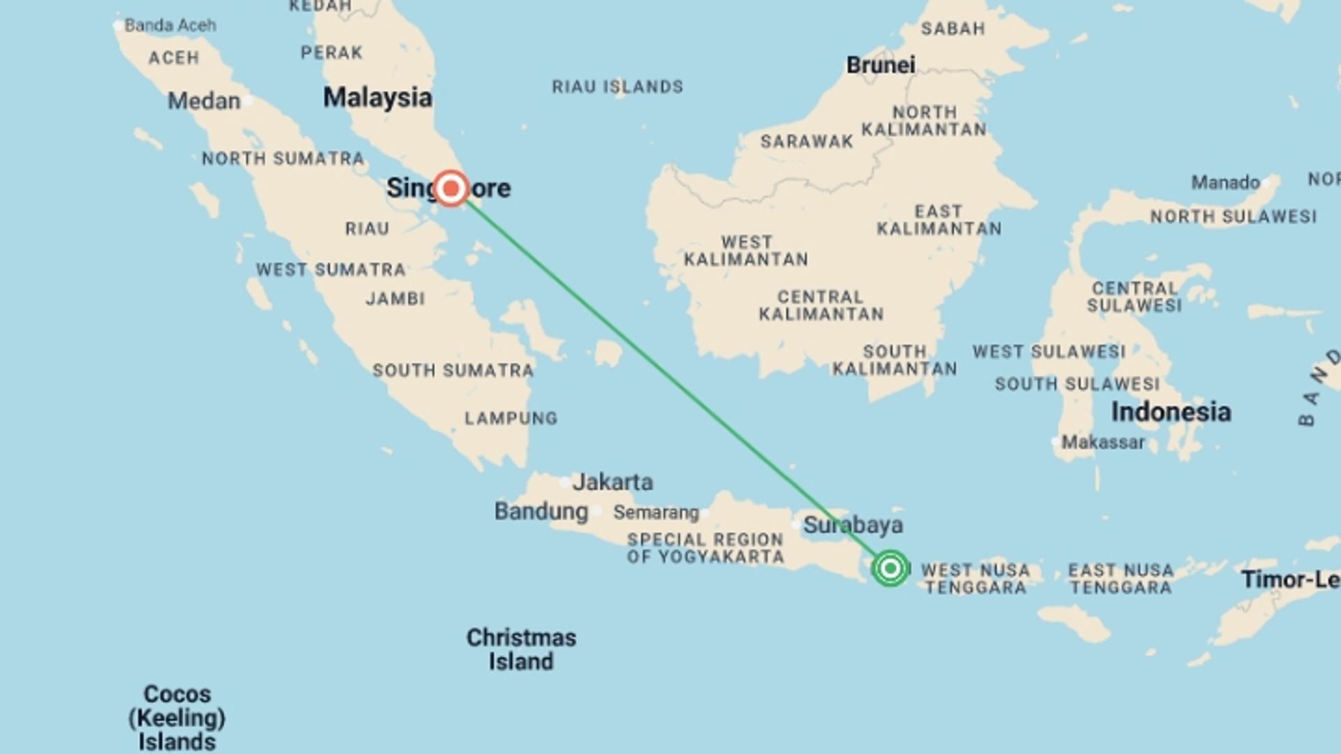 A map showing the tour itinerary for the trip: Blissful Bali And Singapore, starting in Bali, Indonesia and ending in Singapore, Singapore going through 0 other destinations.