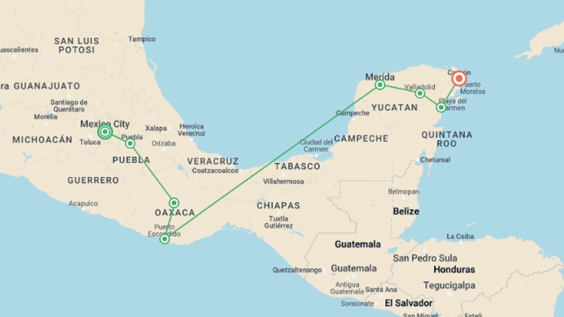 A map showing the tour itinerary for the trip: The Most Mexico: Central Mexico, Yucatan & Cancún, starting in Mexico City, Mexico and ending in Cancún, Mexico going through 6 other destinations.