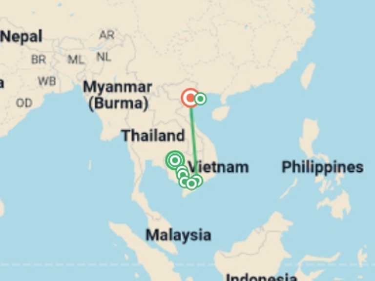 Map of 15-Day Phnom Penh Tour with 8 destination visits for the trip: From the Angkor Temples to the Mekong Delta & Hanoi and Halong Bay (port-to-port cruise)