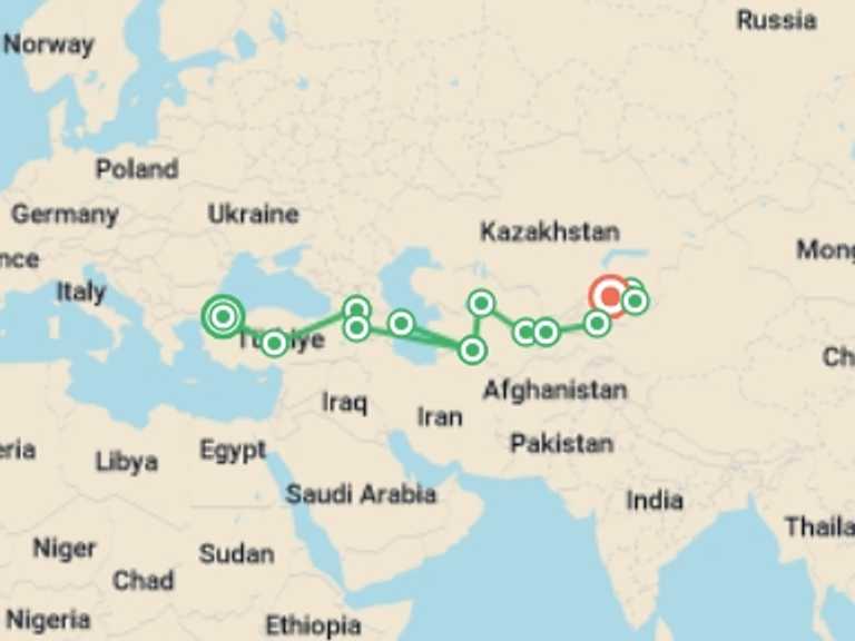 Map of Bishkek Explorer Tour with 13 destination visits for the trip: Istanbul To Bishkek (90 Days)