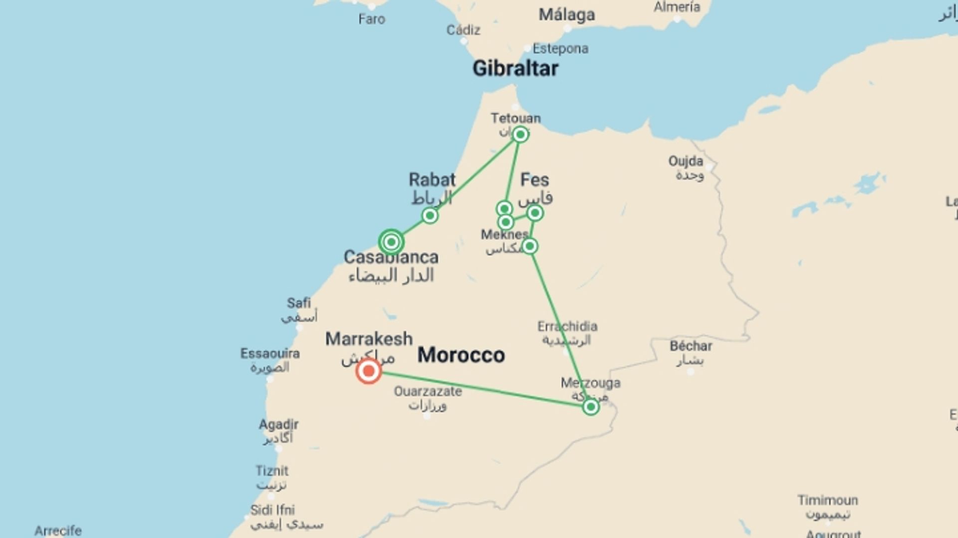 A map showing the tour itinerary for the trip: Six Day Tour from Casablanca to Marrakech, starting in Casablanca, Morocco and ending in Marrakech, Morocco going through 3 other destinations.