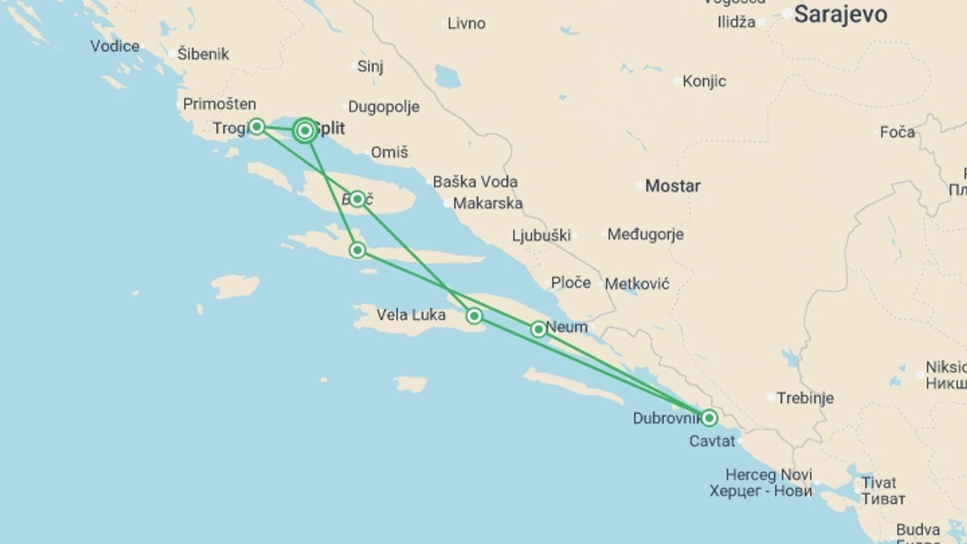 A map showing the tour itinerary for the trip: Dalmatian Elegance, starting in Split, Croatia and ending in Split, Croatia going through 6 other destinations.