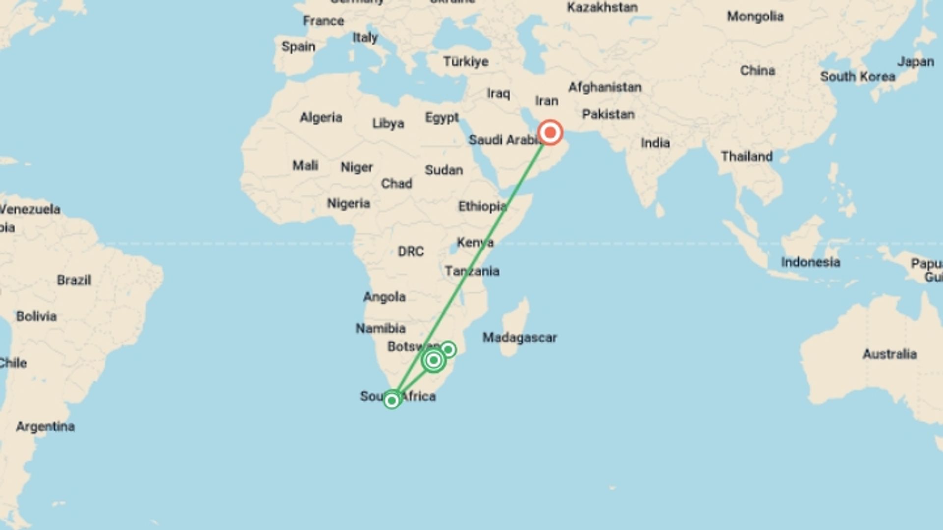 A map showing the tour itinerary for the trip: South Africa & Dubai Explorer - 11 days, starting in Johannesburg, South Africa and ending in Dubai, UAE going through 4 other destinations.