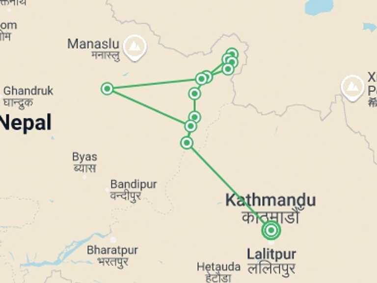 Map itinerary of Nepal Tour in Winter with 13 destination visits for the trip: Manaslu Tsum Valley Trek: 18 Days
