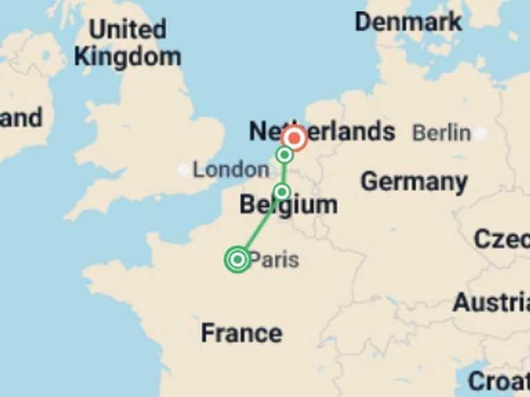 Map of Europe Tour with 4 destination visits for the trip: Classic Paris to Amsterdam