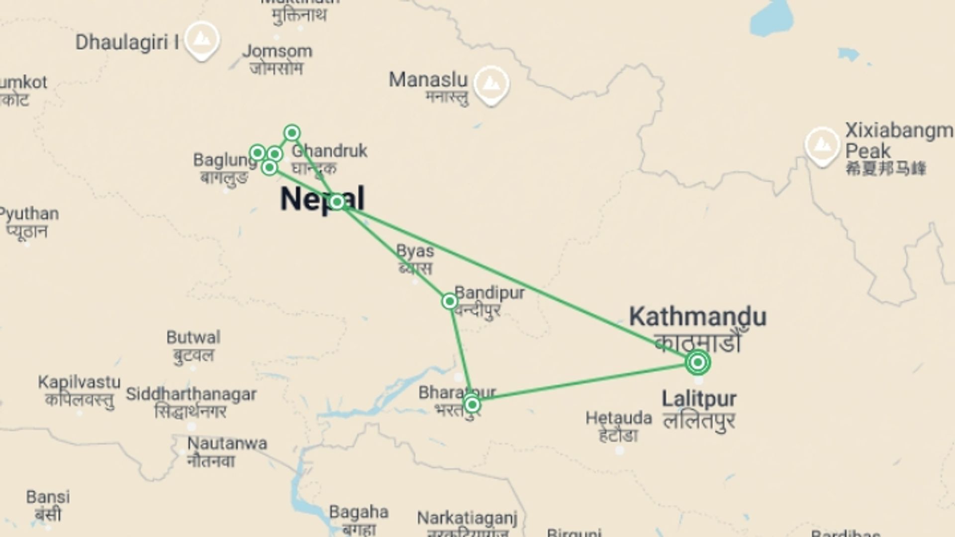 A map showing the tour itinerary for the trip: Classic Nepal, starting in Kathmandu, Nepal and ending in Kathmandu, Nepal going through 8 other destinations.