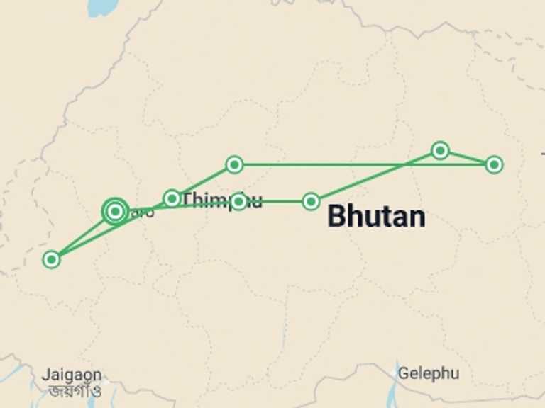 Map itinerary of Asia Tour in February 2027 with 8 destination visits for the trip: Bhutan Cultural Journey