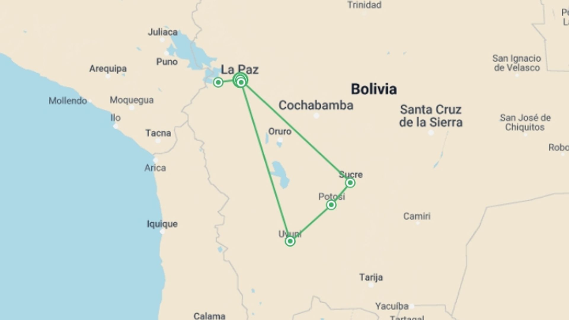 A map showing the tour itinerary for the trip: Bolivia Expedition, starting in La Paz, Bolivia and ending in La Paz, Bolivia going through 4 other destinations.