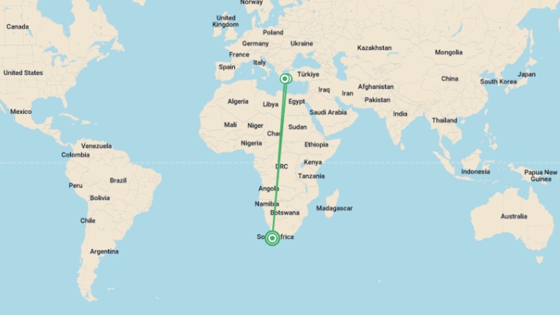 A map showing the tour itinerary for the trip: Mykonos Party at Sea, starting in Cape Town, South Africa and ending in Cape Town, South Africa going through 3 other destinations.