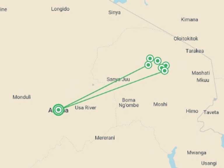 Map of Tanzania Tour with 7 destination visits for the trip: Kilimanjaro - Machame Route