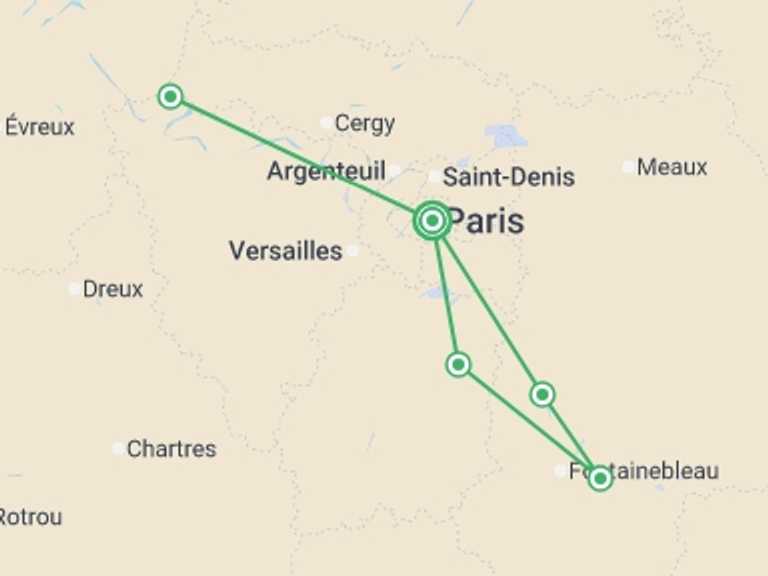Map itinerary of France Tour in September 2026 with 4 destination visits for the trip: Little Gems of the Seine: Between Bucolic Stopovers and Royal Shores The Majestic Seine Aboard a Paddle-Wheel Boat (port-to-port cruise)