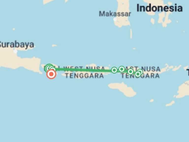 Map of Labuan Bajo Tour with 9 destination visits for the trip: Discover Bali, Flores and Komodo Islands