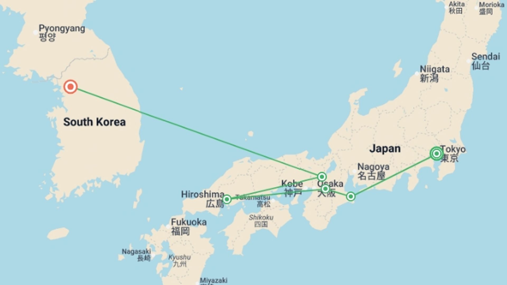 A map showing the tour itinerary for the trip: Japan & South Korea: From Tokyo to Seoul, starting in Tokyo, Japan and ending in Seoul, South Korea going through 3 other destinations.