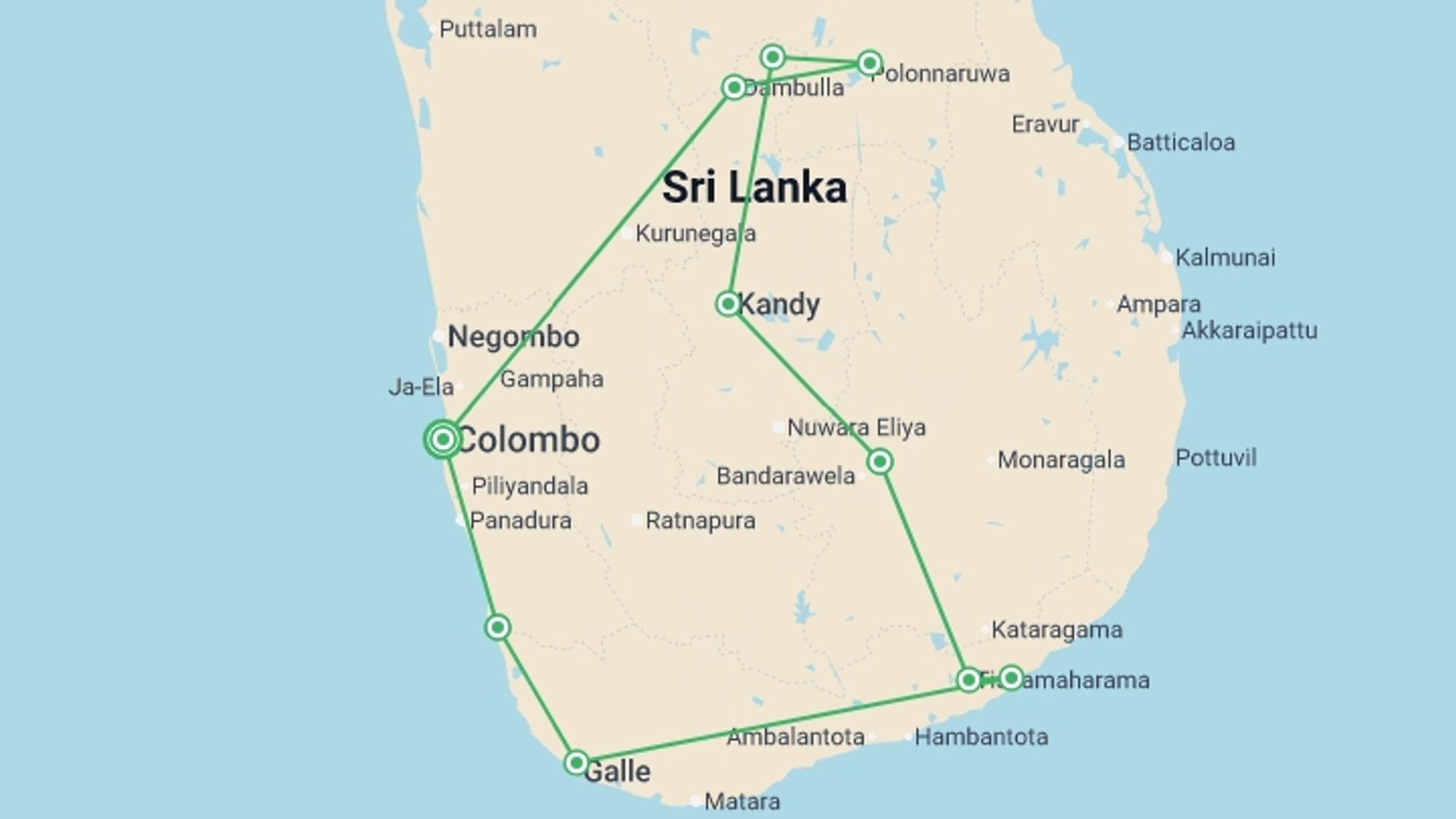 A map showing the tour itinerary for the trip: Best Of Sri Lanka 10 Days, Private Tour, starting in Colombo, Sri Lanka and ending in Colombo, Sri Lanka going through 6 other destinations.