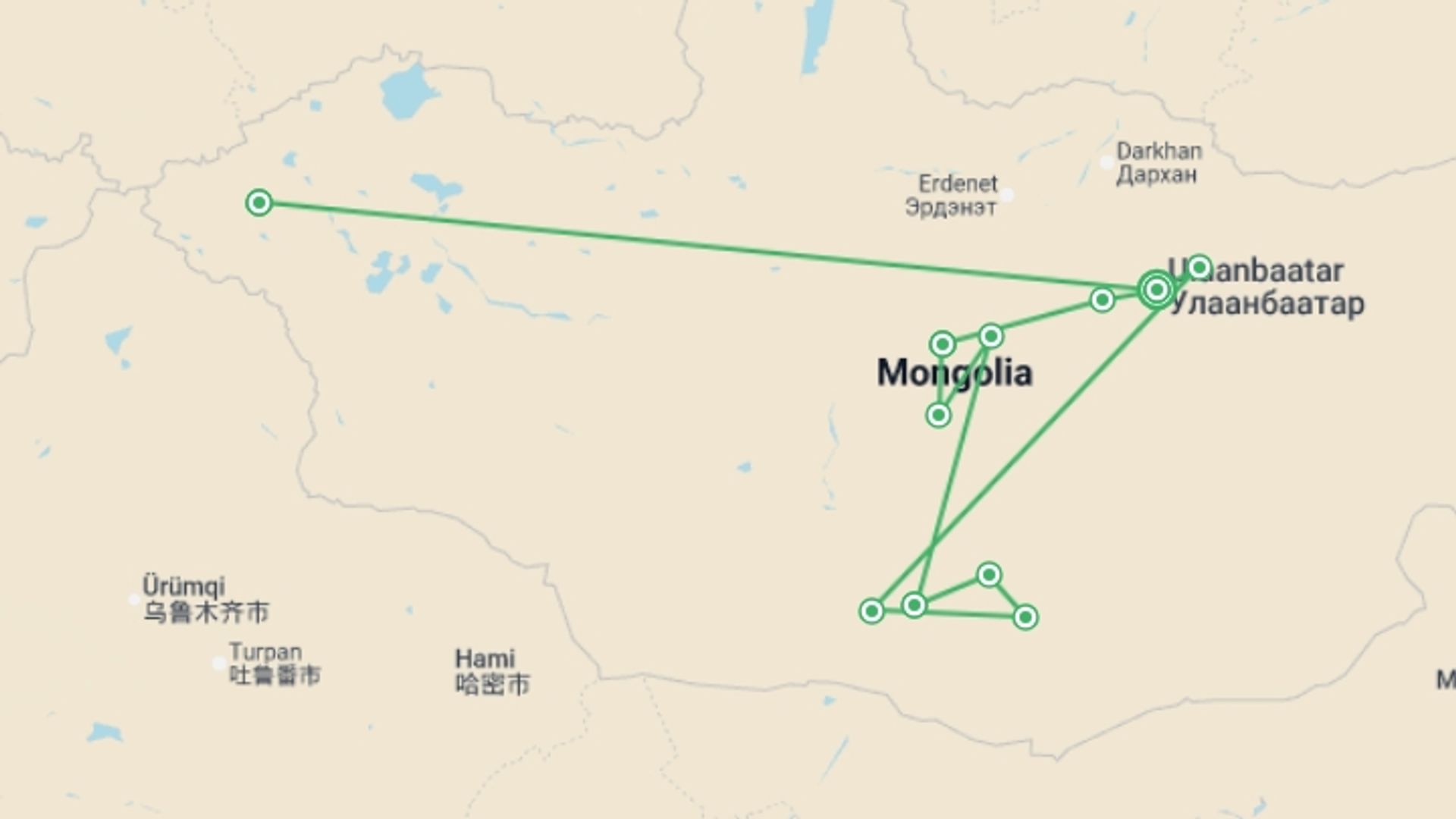 A map showing the tour itinerary for the trip: Mongolia Golden Eagle Festival, starting in Ulaanbaatar, Mongolia and ending in Ulaanbaatar, Mongolia going through 11 other destinations.