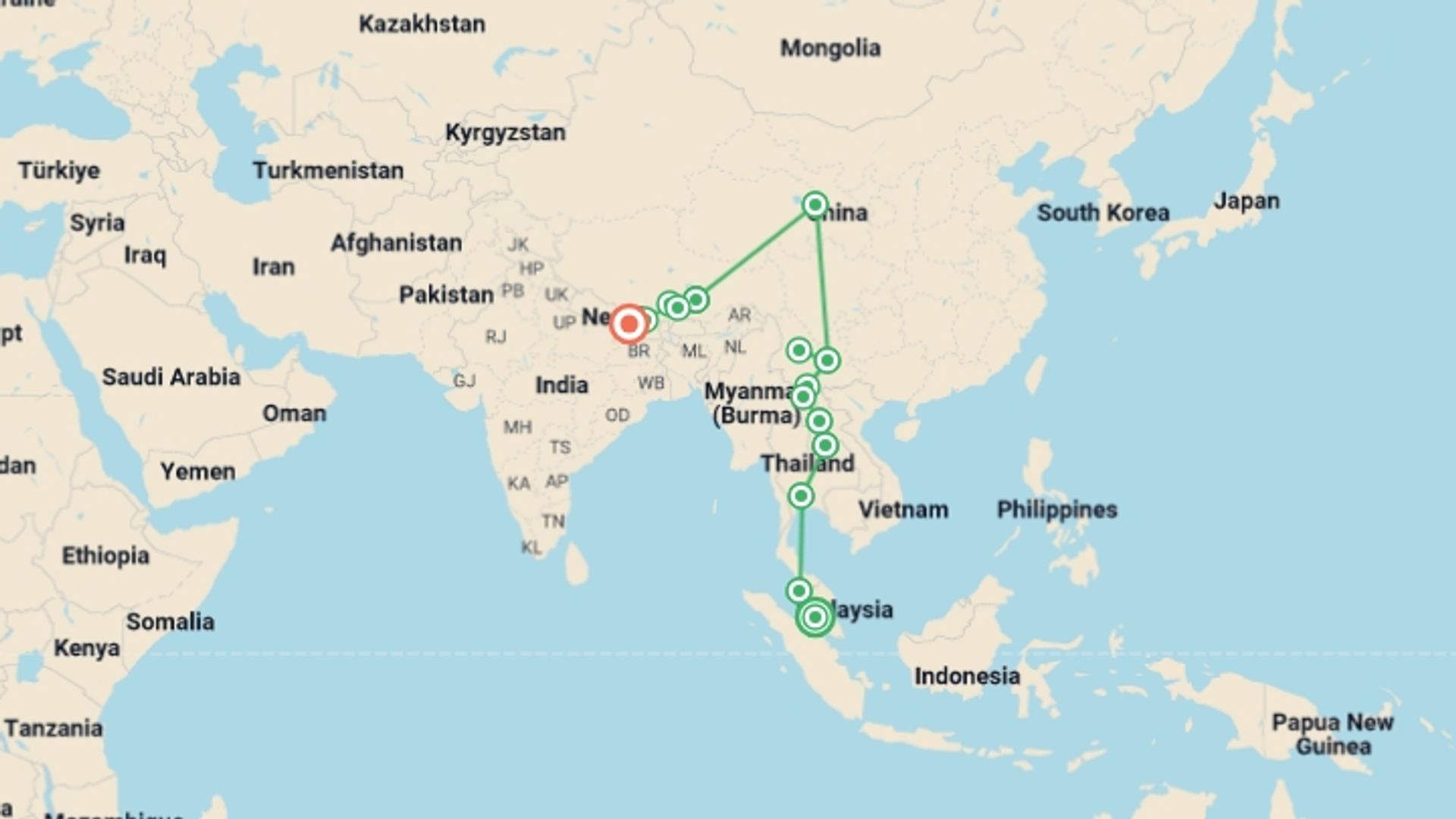 A map showing the tour itinerary for the trip: The Mekong to the Majestic Himalaya, starting in Kuala Lumpur, Malaysia and ending in Ulaanbaatar, Mongolia going through 14 other destinations.
