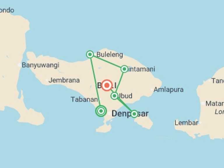 Map of Bali Explorer Tour with 6 destination visits for the trip: Bali to Lembongan: Island Hopping Bliss