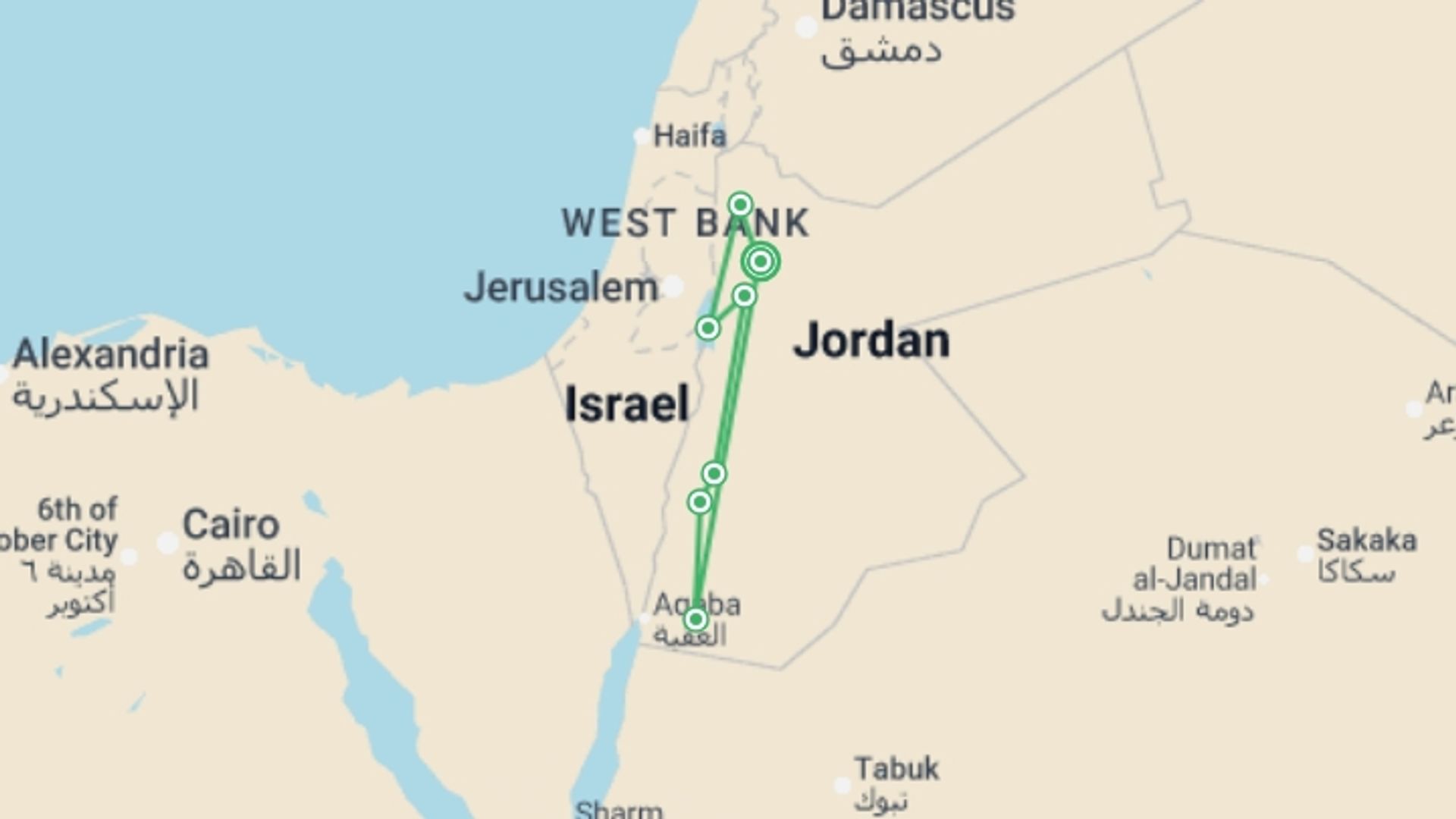 A map showing the tour itinerary for the trip: Best of Jordan, starting in Amman, Jordan and ending in Amman, Jordan going through 4 other destinations.