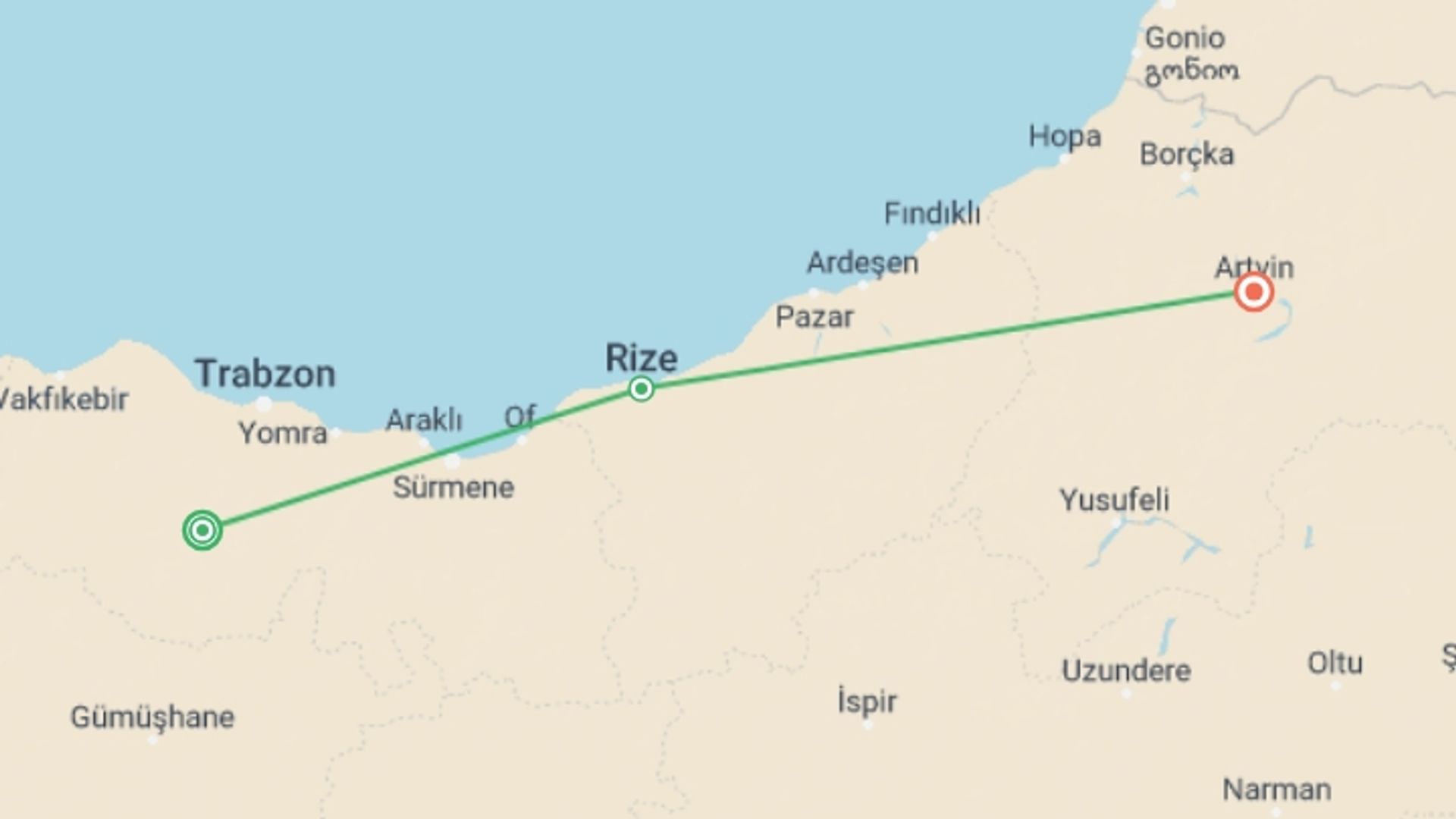 A map showing the tour itinerary for the trip: Enjoy Black Sea Tour, starting in Trabzon, Turkey and ending in Artvin, Turkey going through 2 other destinations.