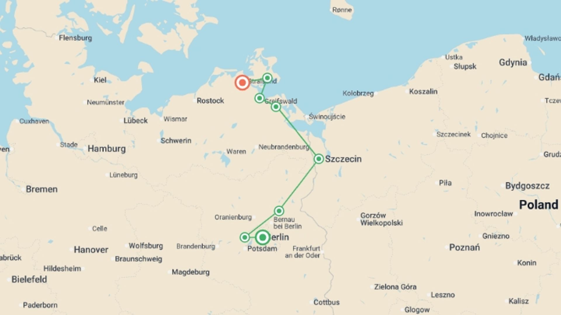 A map showing the tour itinerary for the trip: From Berlin to Stralsund (port-to-port cruise), starting in Berlin, Germany and ending in Stralsund, Germany going through 5 other destinations.