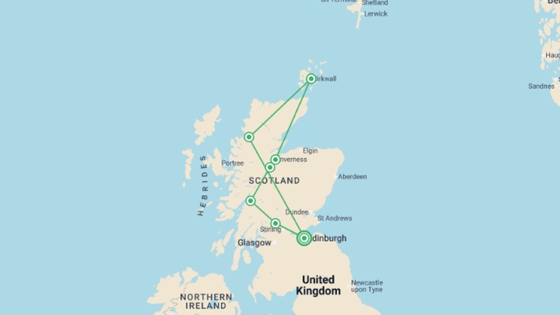 A map showing the tour itinerary for the trip: North Scotland, Loch Ness & Orkney (Hotel) - 5 days, starting in Edinburgh, Scotland and ending in Edinburgh, Scotland going through 4 other destinations.